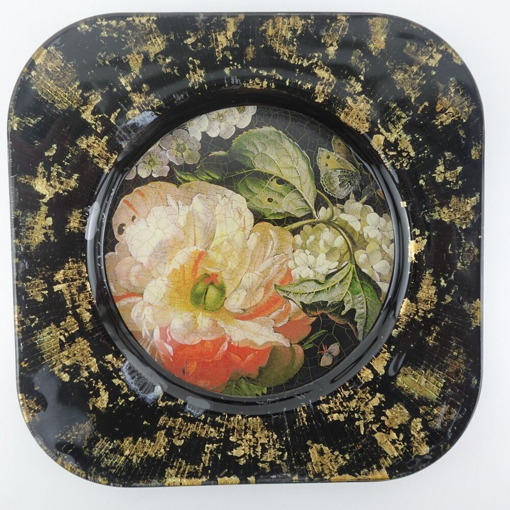 Lesley Roy Reverse Glass Art Hand Painted Lepidoptera Salad Plate Signed Vintage